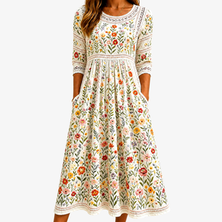 Vilde | Blomstermønstret midi-kjole med hekling og trekvart ermer.