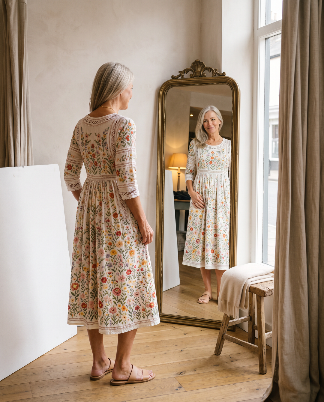 Vilde | Blomstermønstret midi-kjole med hekling og trekvart ermer.