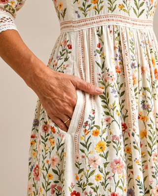 Vilde | Blomstermønstret midi-kjole med hekling og trekvart ermer.